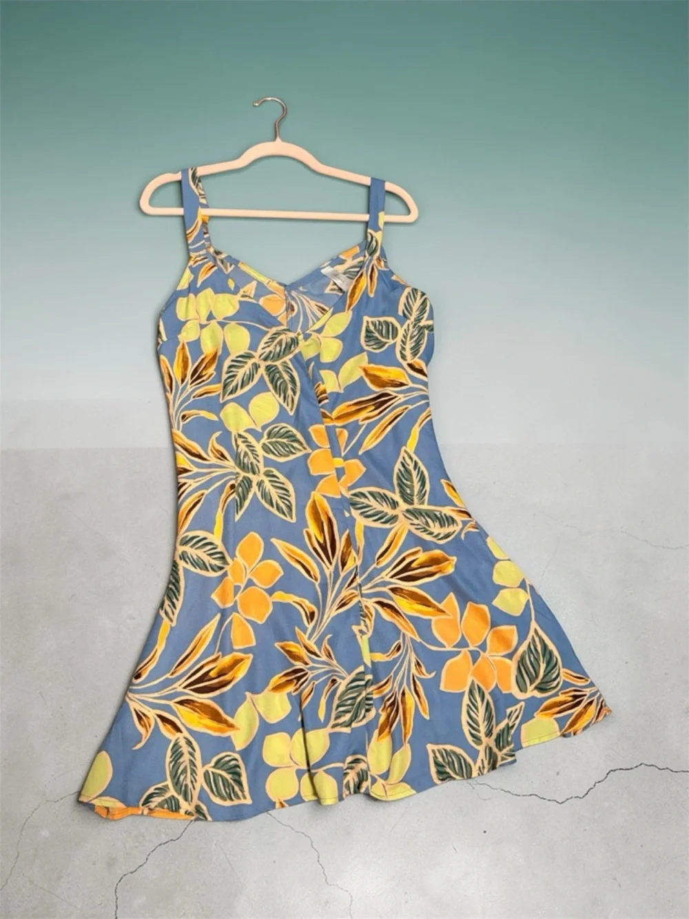 Mahina Blue Floral Swim Coverup or Spring Dress with Yellow & Green Leaf Print - Picture 3 of 6